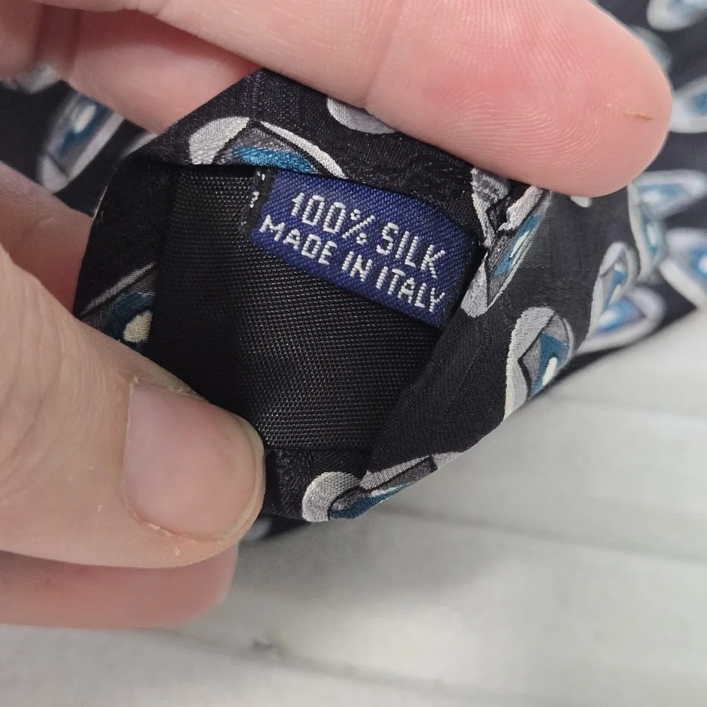 Stafford Mens‎ Silk Tie Black Blue Silver Geometric Medallion Made in Italy